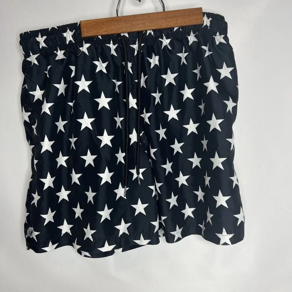 George Swim Trunks Size Large Black White Stars Swimsuit Mesh Lined Drawstring